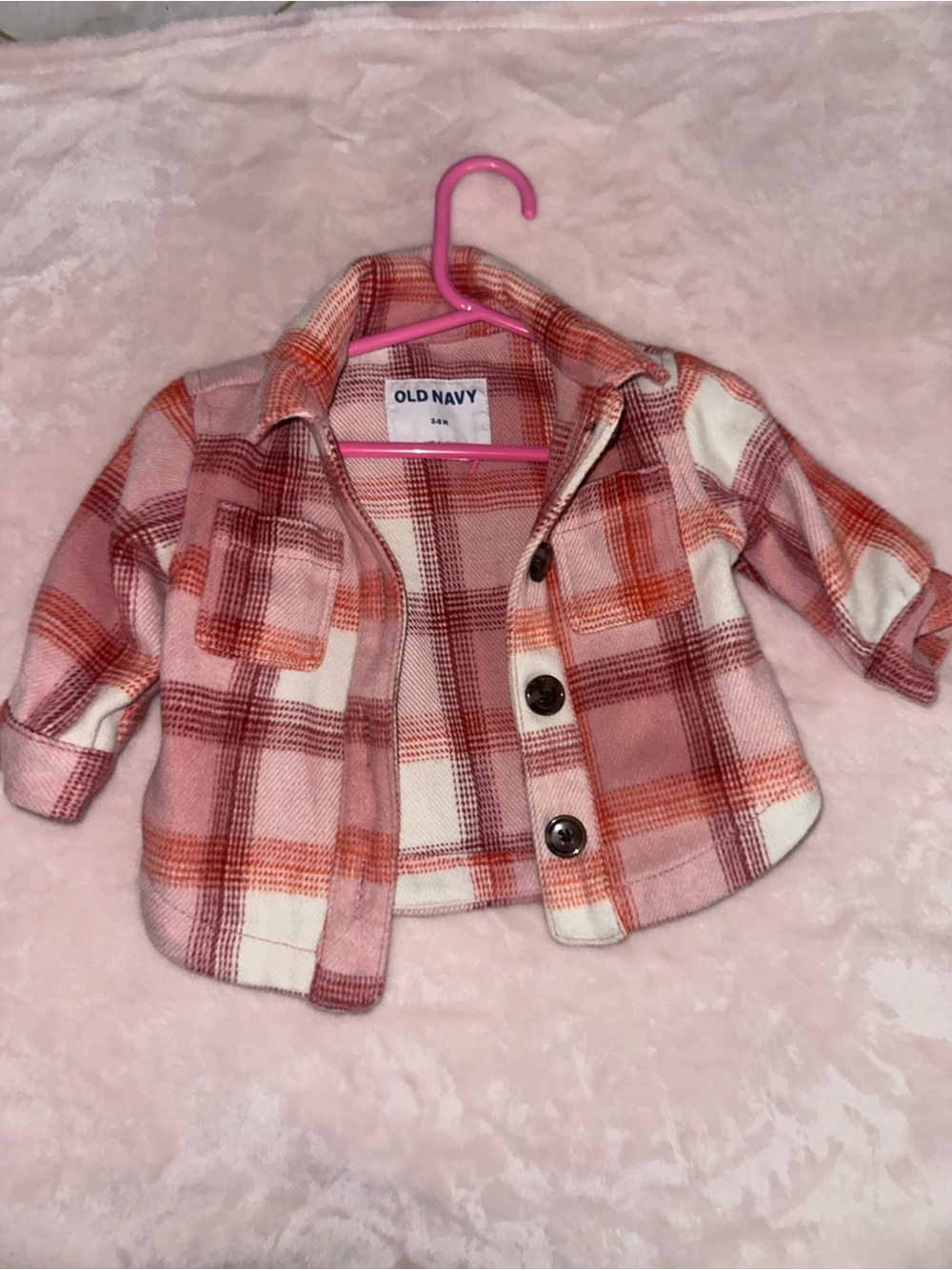 Old Navy Pink and Peach Plaid Button-Front Kids Shirt Jacket